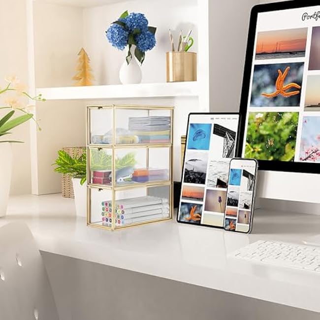 ELLDOO Tea Bag Organizer with 3 Drawers, Gold Glass Tea Bag Storage Holder for Kitchen Pantry, Coffee Pod Snack Storage for Countertop Cabinet, Multi-Functional Home Organizer