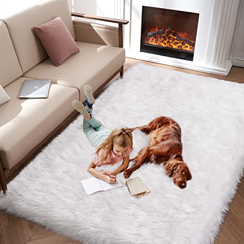 Image of Tangsoo Faux Fur Sheepskin Rug,White Fluffy Fuzzy 3x5 Area Rug for Bedroom
