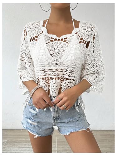 MakeMeChic Women's Crew Neck Crochet Swimsuit Cover Up 3/4 Sleeve Scallop Trim Beach Coverup4