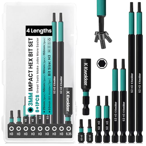 3mm Allen Key Bit, 9pcs Allan Key Drill Bit Set Impact Screwdriver Driver Bits 25mm+50mm+90mm+150mm Long, Hex 3mm Impact Power Tool Bit Set 1/4" Hex Shank S2 Steel