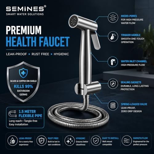 Image of Health Faucet Stainless Steel Jet Spray Gun for Toilet | Silver & Copper Ion Shield Kills 99% Germs | Leak-Proof Bathroom with 1.5 mtr Hose 2 Year Warranty (Jet Spay with Pipe)