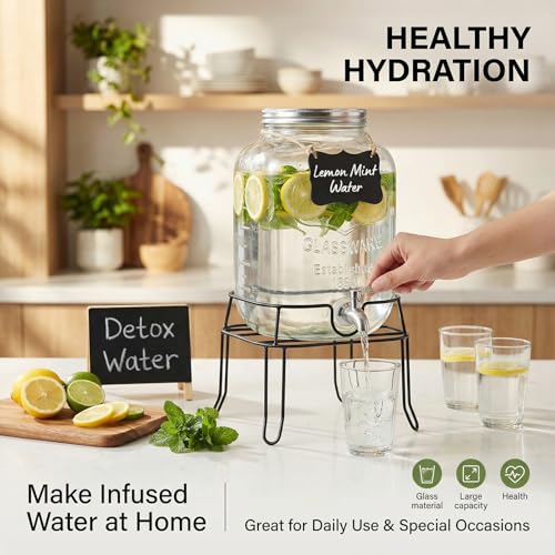 Image of 2 Gallon Glass Drink Dispenser,Beverage Dispenser with Stand,Lemonade Dispenser with 304 Stainless Steel Spigot Leakproof for Entertaining Guests, Picnic,Hosting Parties (Pack of 2)