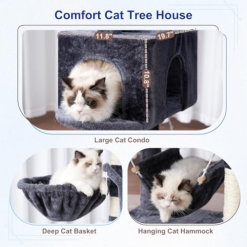 Image of Gitelsnour Cat Tree, 63'' Cat Tower for Large Cats, Big Hammock GCT020G | Cat Condo, Cat Scratching Posts for Indoor Adult Cats, 4 Platforms( 2 Big 2 Small), 2 Baskets, Sisal Rope, 4 Toys, Smoky Gray