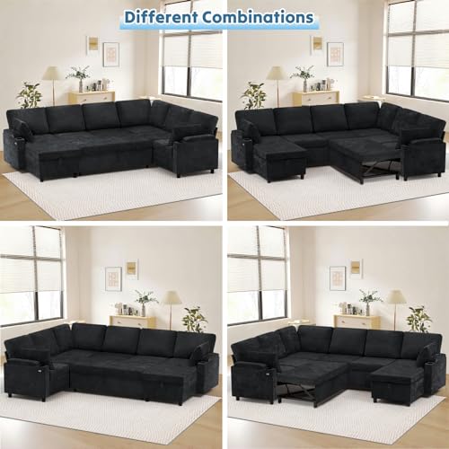 Image of 110 inch Chenille Sectional Sofa w /Pull Out Bed & Storage Chaise, Black | Reversible U Shape Sofa w /Storage Armrests & Cup Holders, Corner Couch w /USB Charging Port & Throw Pillows for Living Room