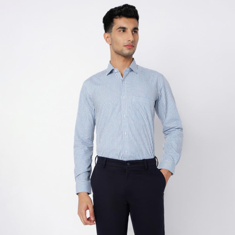 Image of MARK & ALBERT 100% Cotton Full Sleeves Regular Fit Formal Shirt for Men Blue