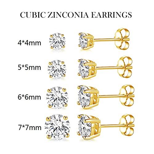 4 Pairs Real Gold Plated Round Stud Earring Set, Round Cut Clear Cubic Zirconia Hypoallergenic Earrings Pack for Women and Men2