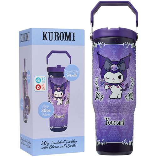 Image of Get Trend Hello Kitty Sanrio Tumbler Stainless Steel with Straw 30oz Girls Teens Insulated Cup with Lids, Kuromi Travel Mug, Kawaii Gifts for Girls (Purple Kuromi)