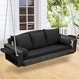 UTOASIS 3-Person Hanging Porch Swing, Outdoor Wicker Swing Chair, 76 Inch Bench with Cushion and Adjustable Chain for Patio Backyard Garden, Black Wide Armrest, Steel Frame, Grey PE Wicker