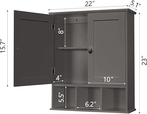 Miniatura 3 de TaoHFE Armario de baño gris, gabinete de pared de baño con estantes ajustables de 2 puertas, armario de almacenamiento sobre el inodoro, armario de