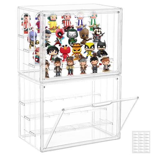 Clear Acrylic Display Case for Collectibles, 4 Layer Figure Display Case with Magnetic Door, Stackable Figurine Display Shelf Box for Figures, Funko Pop, Pop Mart, 2-Pack