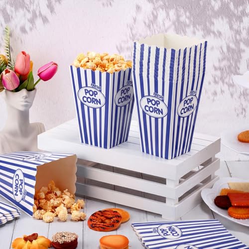 Image of Xinnun 100 Pcs Popcorn Boxes 32 oz Classic Stripe Paper Popcorn Buckets Bulk Disposable Oil Proof Container Vintage Retro Open Top Holders for Movie Night Supply Theater Carnival Party(Dark Blue)