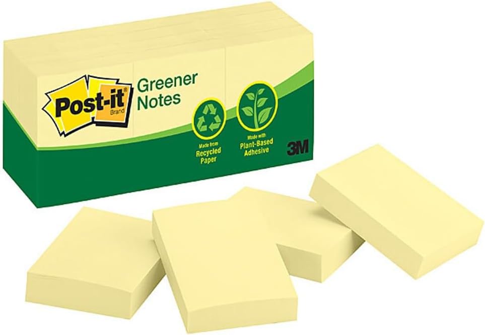 Wholesale CASE of 20 - 3M Post-it Greener Notes Canary Original Note Pads-Post-it Notes, Original, 1-1/2"x2", 100 Sh/PD, 12/PK, CYW