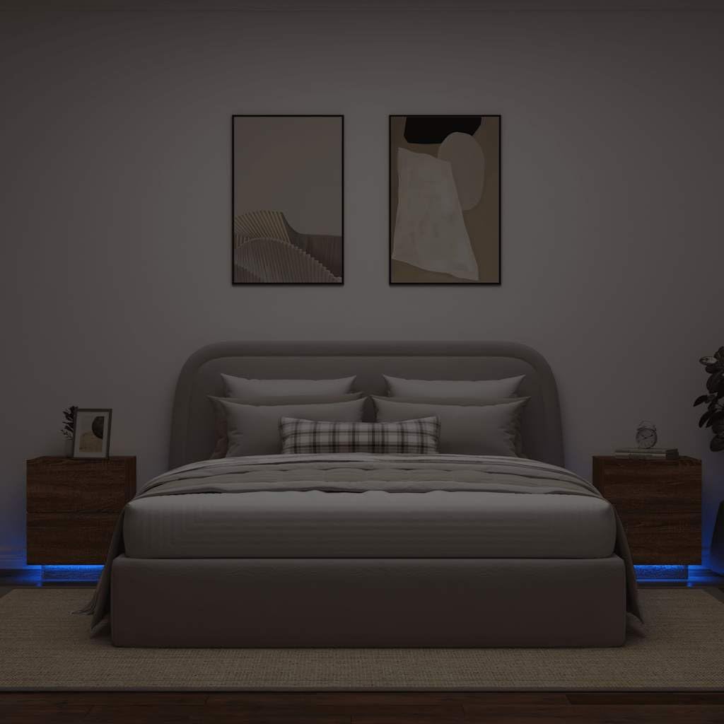 vidaXL Mesitas de Noche Luces LED 2 uds, Armarios Auxiliares, Mesas de Cama, Muebles para Dormitorio, Madera de Ingeniería Roble Marrón