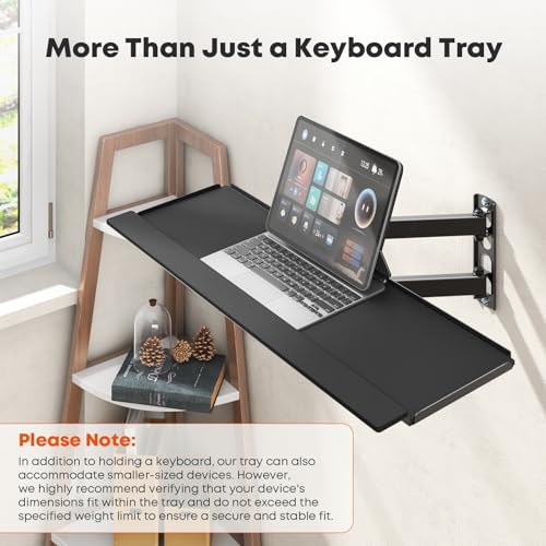 Image of PUTORSEN Wall Mount Keyboard Tray with Adjustable Arm, 7.6 inchx25.8 inch Platform | Holds up to 19.8 lbs,Ergonomic Swivel & Tilt, Universal Keyboard and Mouse Tray for Home Office, Gaming & Streaming