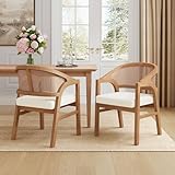Christopher Knight Home Faritel Modern Wooden Dining Chairs Set of 2, Fabric Upholstered Kitchen Side Armchairs, Living Room Comfy Reading Chair with Curved Rattan Back, Natural Oak+Beige