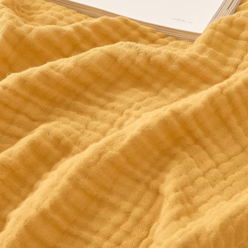EMME Colcha de muselina, 274 x 228 cm, tejido melange de 4 capas, certificado Oeko-Tex, 100 % algodón, manta extragrande y suave para sofá y cama, color amarillo mostaza