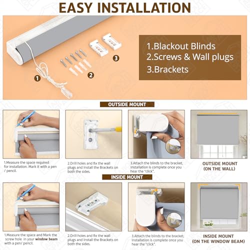 Image of ABOUT SPACE Window Blinds - 7 x 4 ft Cordless Blackout Roller Blinds for Privacy, UV Protection | 100% Blackout Roll Up Curtain Window Shades for Home, Office, Living Room, Bedroom- Light Grey