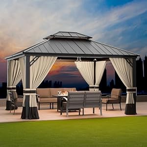 12x14hardtopgazebooutdooraluminumframepermanentgazebogalvanizedsteeldoubleroofpergolawithnettingsandcurtainsforpatiolawnsbackyarddeckbrown Urban Country Home Decor 12×14 hardtop gazebo outdoor aluminum frame permanent gazebo galvanized steel double roof pergola with nettings and curtains for patio lawnsbackyard deckbrown urban country home decor