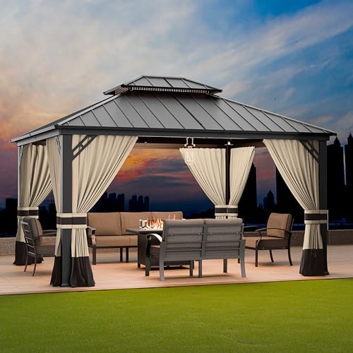 12x14hardtopgazebooutdooraluminumframepermanentgazebogalvanizedsteeldoubleroofpergolawithnettingsandcurtainsforpatiolawnsbackyarddeckbrown Urban Country Home Decor 12×14 hardtop gazebo outdoor aluminum frame permanent gazebo galvanized steel double roof pergola with nettings and curtains for patio lawnsbackyard deckbrown urban country home decor