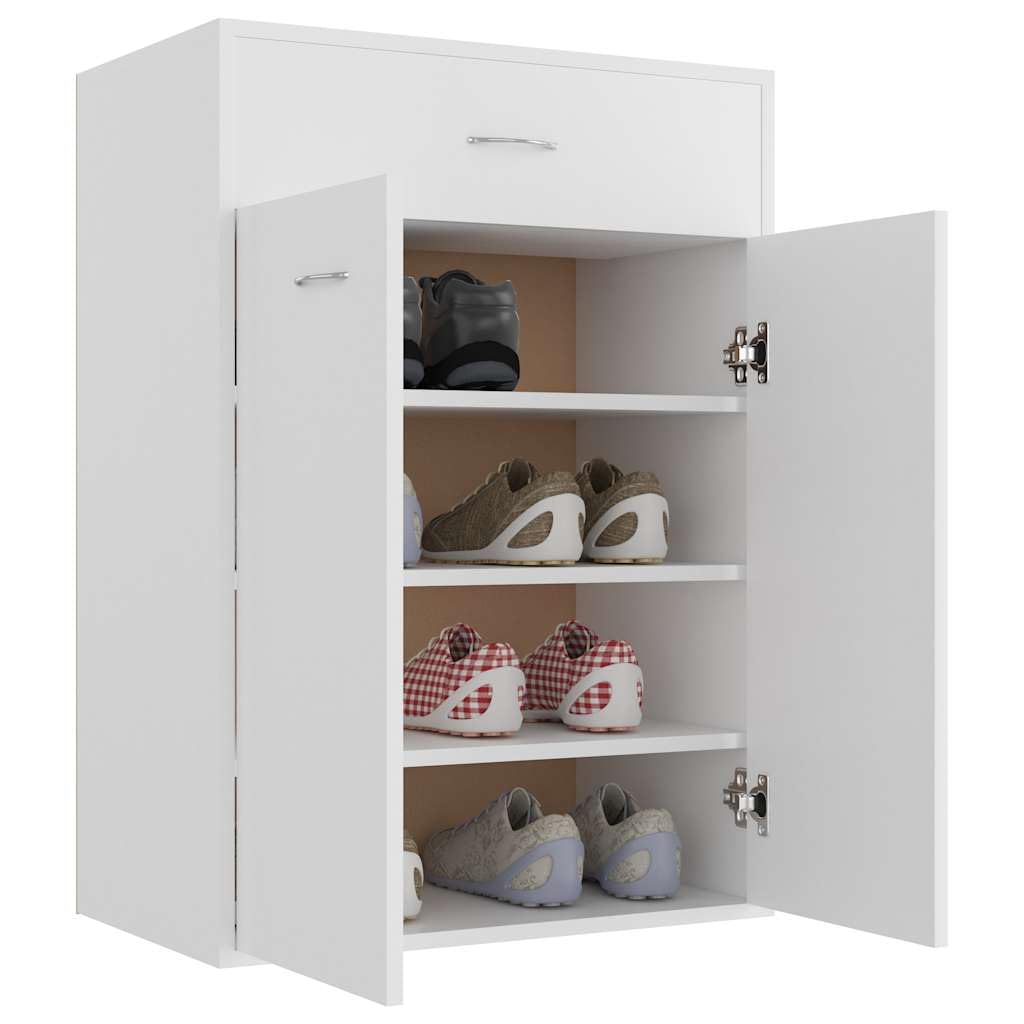 Szafka na buty, biała, materiał drewnopochodny z 4 półkami, szufladą, 2 drzwiami, 60 x 35 x 84 cm, wąski stojak na buty, zamknięta półka na buty, organizer do przedpokoju i sypialni