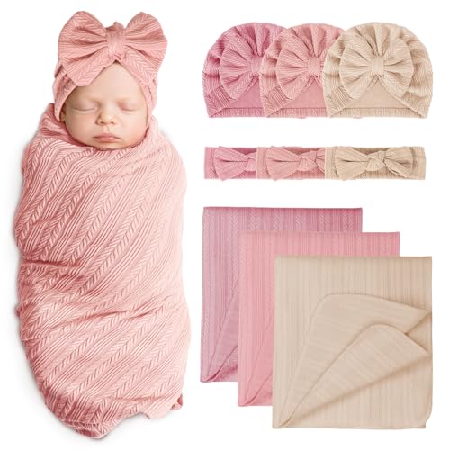 Image of AQOKKA Baby Swaddle Blankets with Bow Hat Headband Set Wheat-Pattern Infant Receiving Blankets Swaddles for Newborns Unisex Toddler Swaddle Wrap Sets for Baby Girls Boys Nursery Warm Shower Gift
