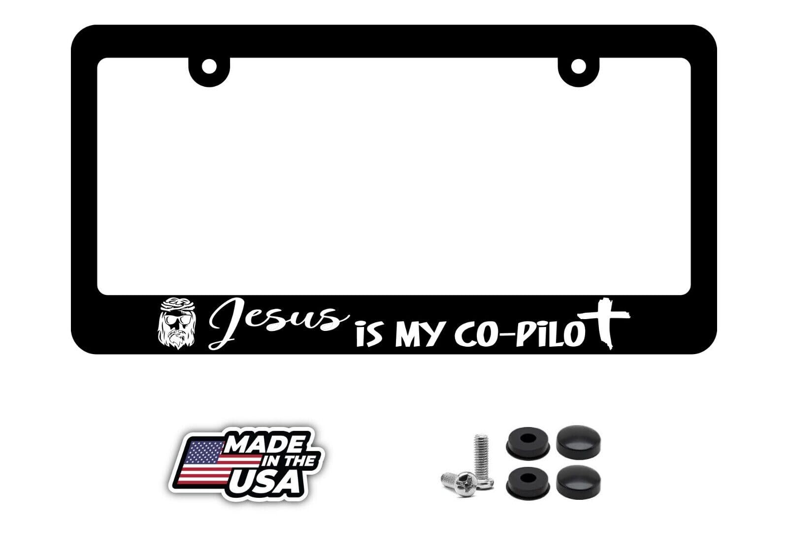 Jesus is My Copilot Christian Jesus Christ Religious License Plate Universal Size Frame Holder Car Tag Covers with Hardware Screws Nuts Caps Weather Proof Installation Accessories