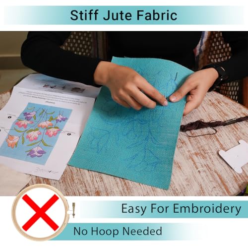 Image of picknMAKE Hoop-Free Needle Stitch Blooming Threads Diy Hand Embroidery Kit Set For Adults,Stiff Jute Fabric Art Craft Work,Printed Floral Design With Threads,Needles,Cutter & Instruction,Multicolor