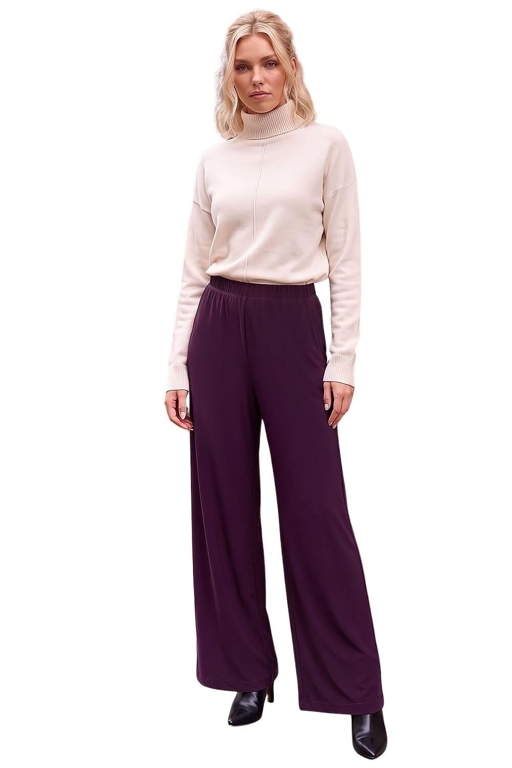 Roman Women's Plum Petite Wide Leg Stretch Trouser In Size 14