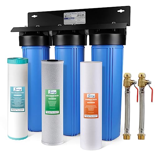 Comparison: Best Whole House Water Filter For Iron 11 iSpring WGB32BM 3-Stage Whole House Water Filtration System (w/ 20” x 4.5” Sediment, Carbon, and Iron & Manganese Reducing Filters) w/ 3/4'' Push-Fit Braided Stainless Steel Hose Connectors
