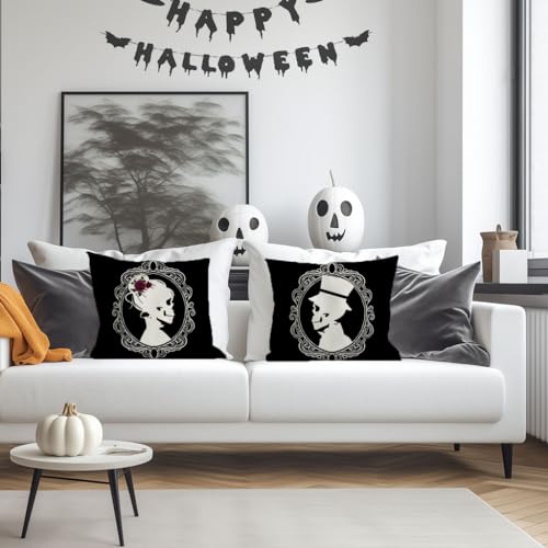 Pandicorn PP-442-18 Halloween Gothic Couple Throw Pillow Covers 18X18 Gentleman Lady Skeleton Vintage Halloween Black Goth Indoor Decorations Decorative Cushion Cases Set Of 2 thumb #1
