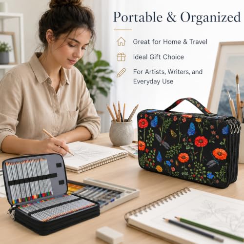Image of 300 Slots Colored Pencil Case Organizer, 4 Layer Bag | Twill Oxford fabric,103 elastic loops,detachable handle,for travel,home storage,drawing tools,creative gifts
