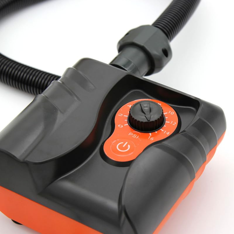 RYDE E-Pump First - Pompe Électrique Sup Haute Pression 16 PSI – Gonfleur 12V Allume-Cigare Rapide pour Paddle, Kayak et Bateau Gonflable – Stop Automatique & 5 Embouts Inclus – Débit 70L/Min