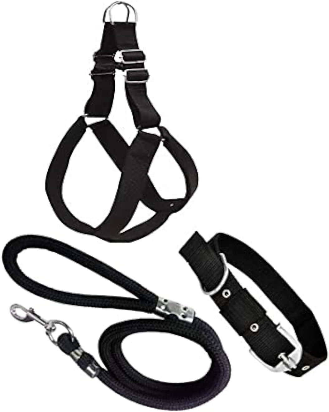 Senapati Dog Combo Pack of Harness, Neck Collar Belt and Rope Set (Black, Medium, Waterproof, Rope Size 1.5M-2M)