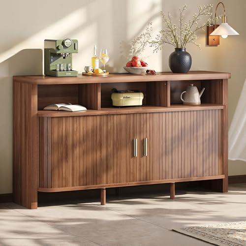 IRONCK 55' Sideboard Buffet Cabinet with Storage, Fluted Credenza with Sliding Door & Open Shelf, Mid Century Modern Accent Coffee Bar Console Table for Kitchen, Living Room, Entryway, Walnut