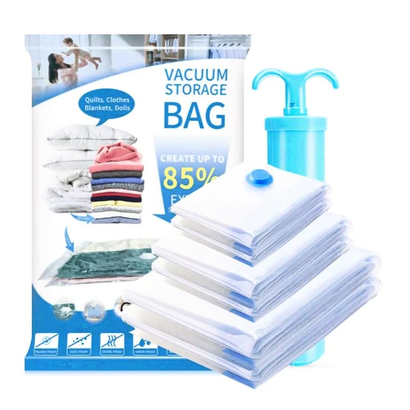 Vacuum Seal Storage Bags with Hand Pump, 6 Large Bags, Space Saver Bags for Clothes and Blankets, 85% More Storage