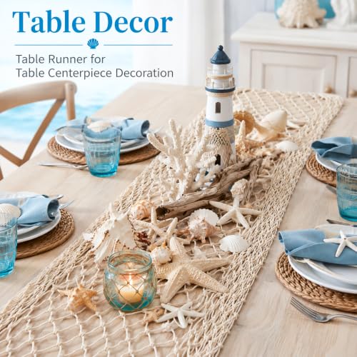 Image of Sukh Fish Net Decorations for Party - 4PCS 39.37 * 78.74 in Fishing Net Decoration Netting for Wall Photo Hanging Nautical Fishnet Table Runner Decorative Ocean Theme Birthday Party Rope Nets