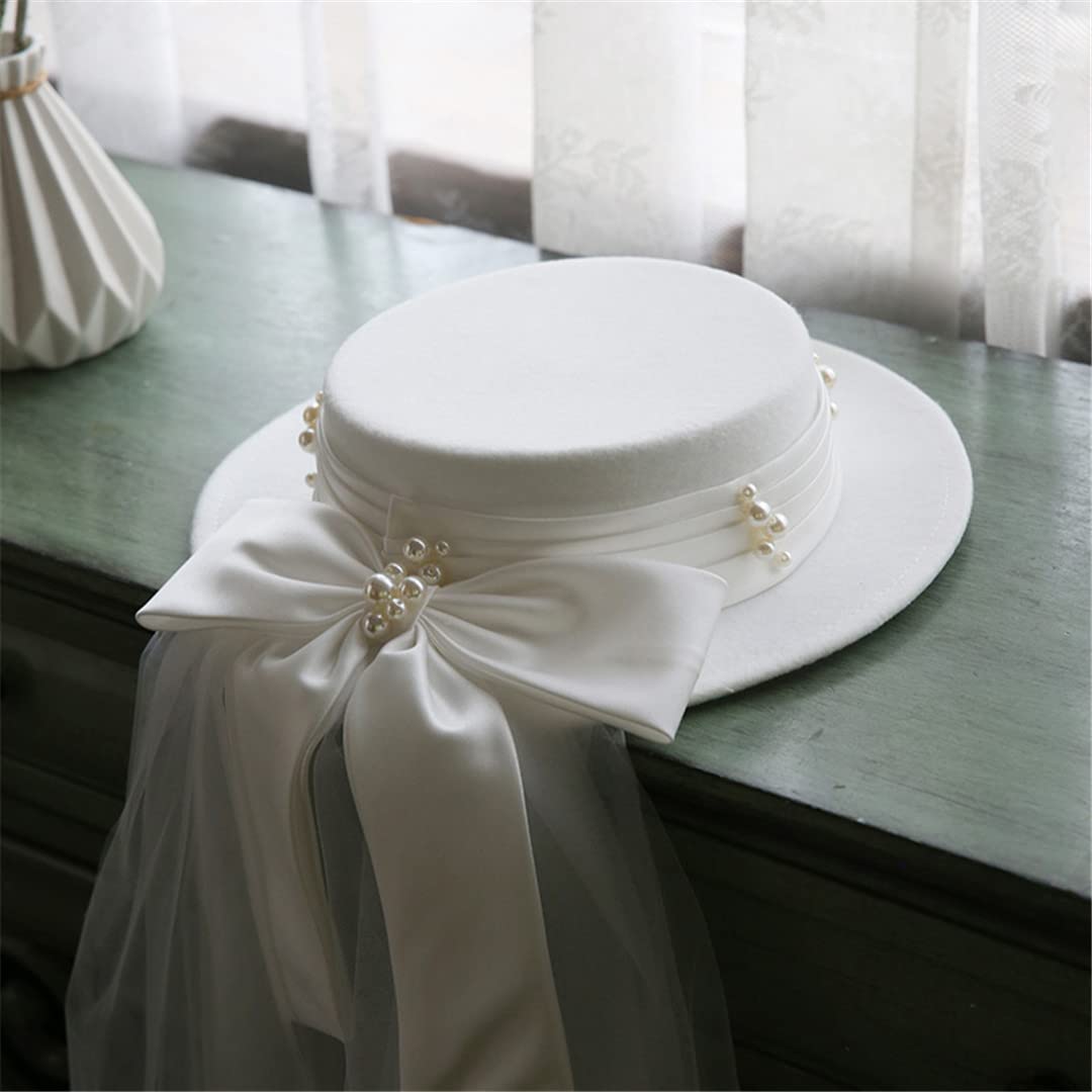 Lmtossey Cappello da Sposa in Raso Bianco Cappello da Cerimonia Nuziale con Fiocco Grande Perla Cocktail Party Elegante Fascia Fedora Velo Lungo Cappello da Sposa in Rete Tiara