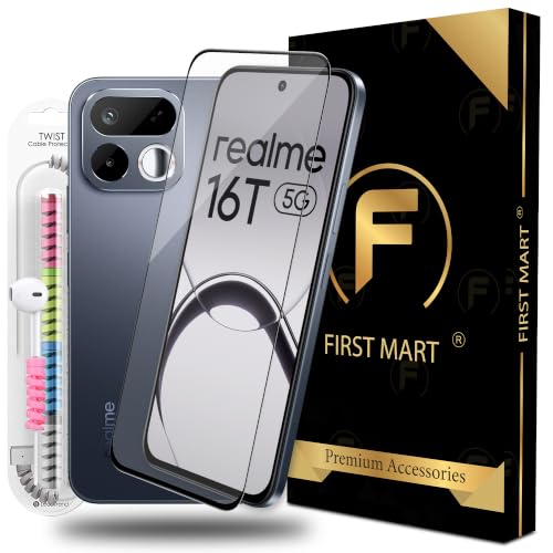 Image of FIRST MART Tempered Glass for Realme 16T, 9H 0.3 mm Full-Glue Screen Protector with Cable Protector, 3D Edge-to-Edge, HD Clear, Case-Friendly, Black, Pack of 1
