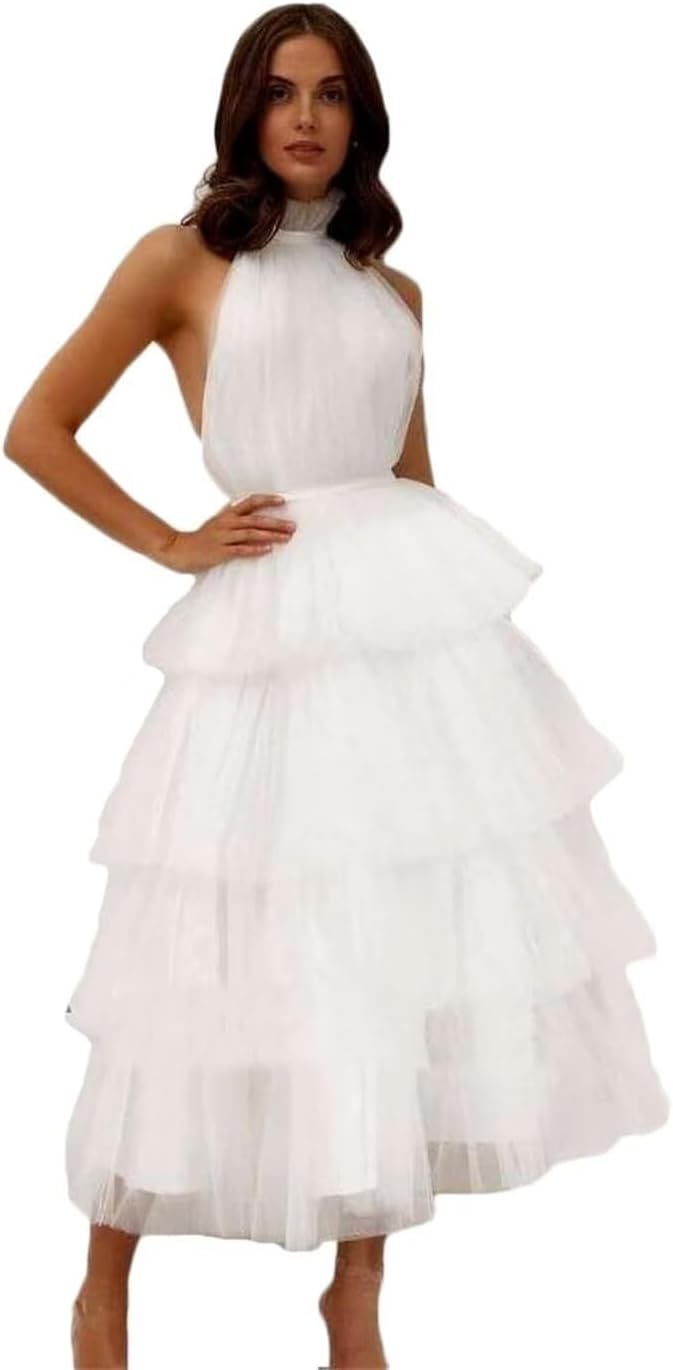 Dydsz Women's Halter Tiered Tulle Prom Dresses Long Evening Party Dress Homecoming Gown Tea Length