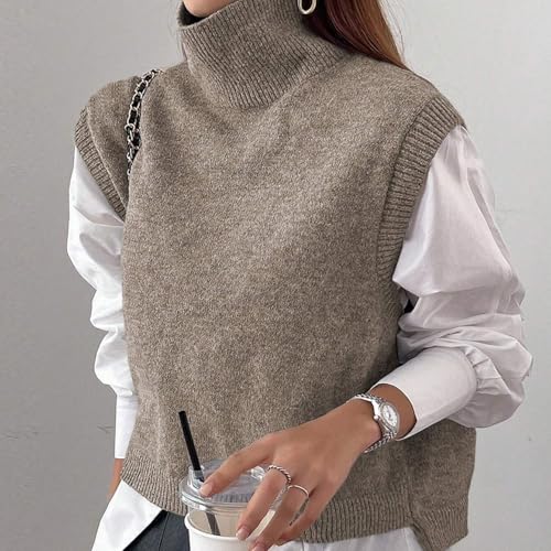 Women High Neck Sleeveless Knit Crop Sweater Vest Casual Loose Fit High Low Hem Turtleneck Knitted Pullover Vest3