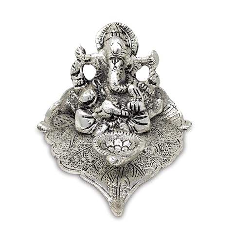 Image of BENGALEN Ganesh Statue Idol German Silver Ganesha on Leaf Diya Oil Lamp with Red Velvet Gift Box Pooja Items Diwali Decoration Puja Gifts Handmade Oil Lamp Traditional Indian Deepawali Gift Items