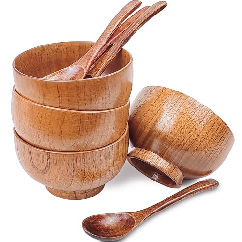 Originalidad Handmade Wood Bowls,Jujube Wooden Japanese Bowl with Matching Spoon for Rice,Soup,Dip,Salad,Tea,Decoration 4 Sets(4 Bowls 3.8 in + 4 Spoons)
