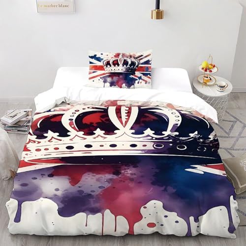 SHOVERKD Corona Eleganza Union Jack Copriletto 3D Stampa Set Di Biancheria Morbida Microfibra Chiusura A Cerniera Per Bambini/Ragazzi 2 Pezzi Single(135x200cm)