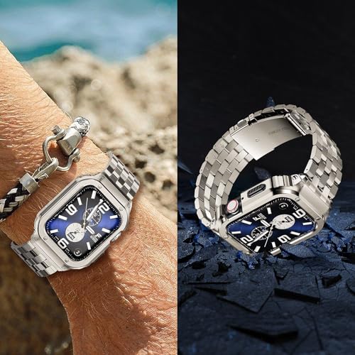 Image of SUPLINK Stainless Steel Case Bands Compatible with Apple Watch Series 10 42mm Band /Apple Watch Series 11 42mm Band, Metal Rugged Protective Bumper Case for iWatch Bands Men(Titanium Color)