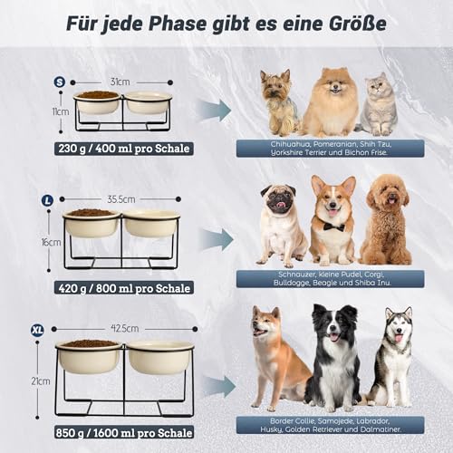 Hundenapf Set Erhöht Hundenäpfe Keramik - Doppel Fressnapf Hund Groß mit Rutschfestem Metallständer - Hunde Napfset für Futter Wasser - Ideal für Mittelgroße und Große Hunde - 2 x 1600 ml - Beige