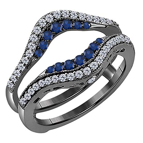 Women's 14k Black Rhodium Plated Alloy Double Row Pave Set 0.50(ctw) CZ Blue Sapphire & Cubic Zirconia Round Wedding Band Solitaire Enhancer Guard Wrap Ring