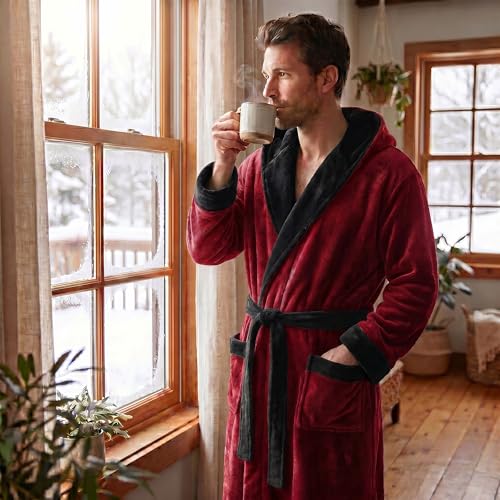 Image of U2SKIIN Mens Hooded Robe, Plush Robes for Men Long Fleece Bathrobe