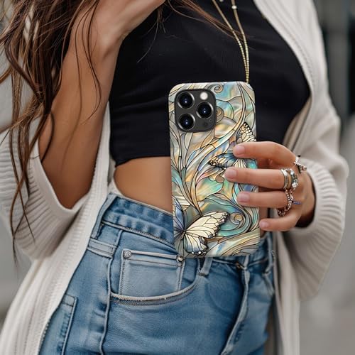 Image of Goodon for iPhone 14 Pro Max Case Cute - Wireless Charging Compatible - Dual-Layer Hard Shell + Silicone Cover - Protective Phone Case with Trendy Designs for Women - Butterflies Blue Gold