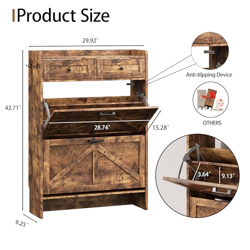 Image of Shoe Cabinet with 2 Flip Drawers & 2 Top Drawers, 43 inch Tall Freestanding Narrow Wooden Shoe Storage Organizer for Entryway, Hidden Slim Shoe Rack for Front Door Entrance, Hallway, Living Room, Brown