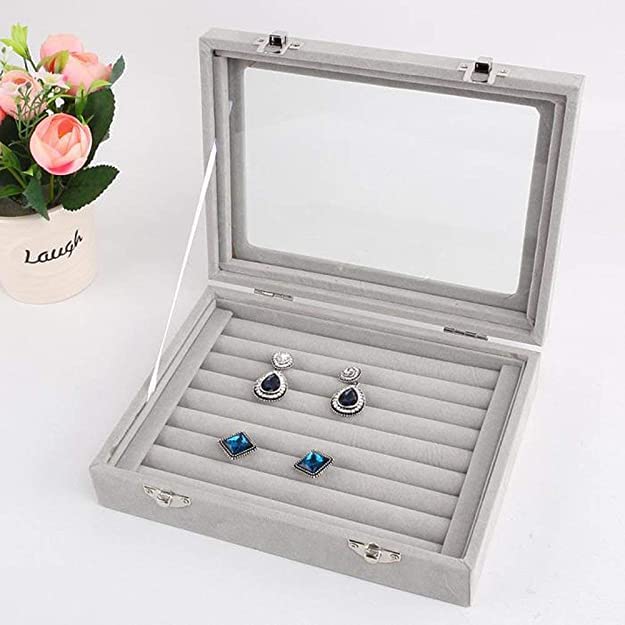 Image of Velvet Jewelry Drawer Organizer Tray Stackable Jewelry Tray for Drawer and Storage Display Rings and All Other Jewellery Needs (Ring Box Grey, Grey)